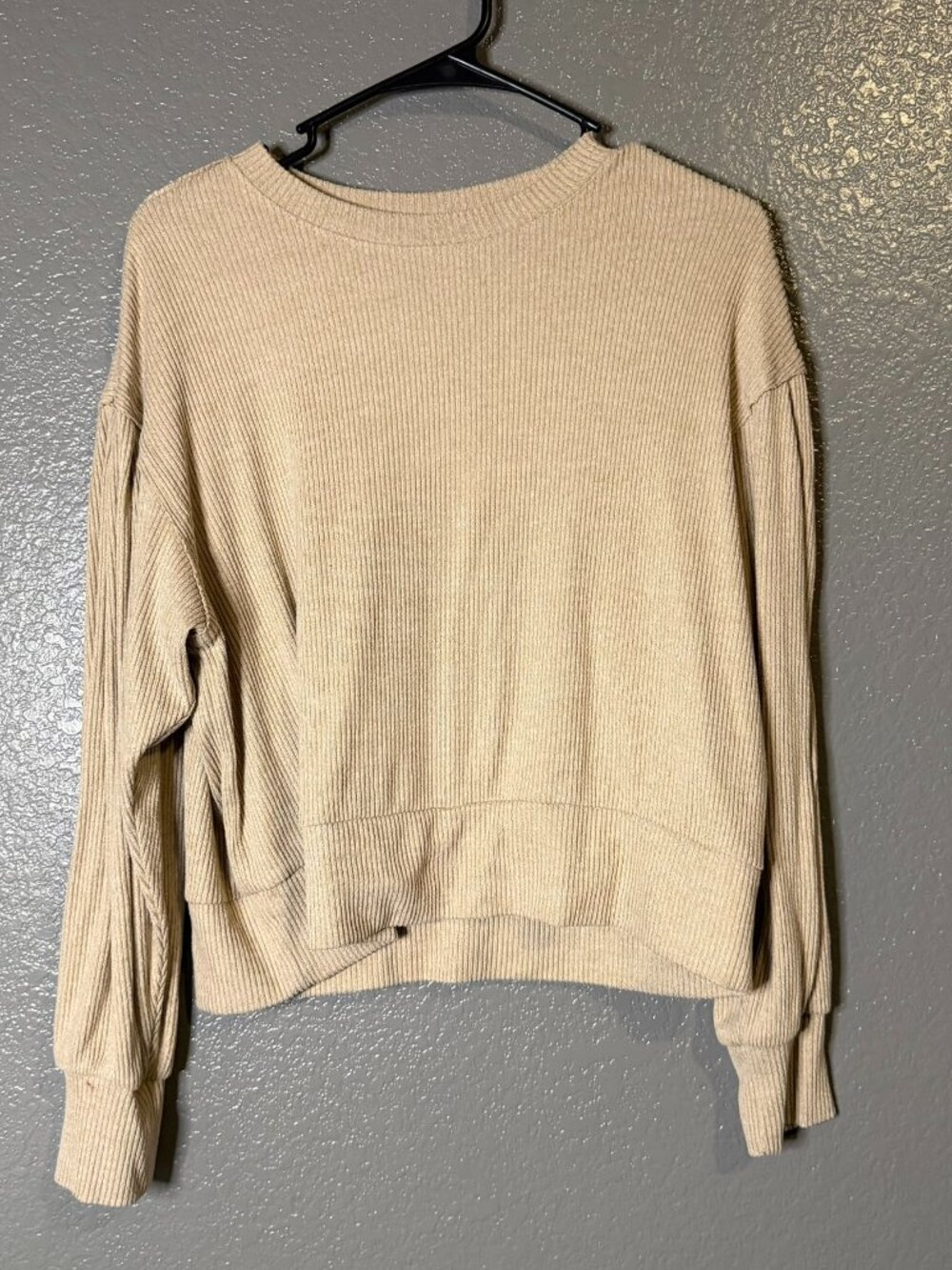 Womens Beige Ribbed Knit Sweater Drop Shoulder Balloon Sleeve Cropped Pullover